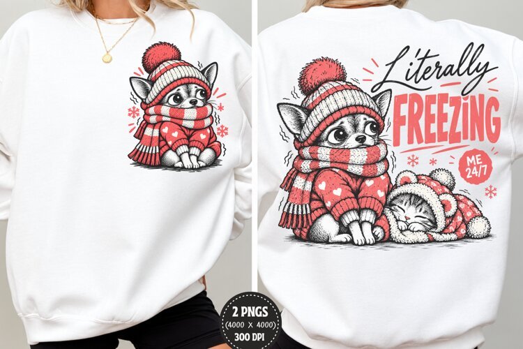 Front Back Freezing Cat Christmas PNG, Cozy Cat Front Back S example image 1