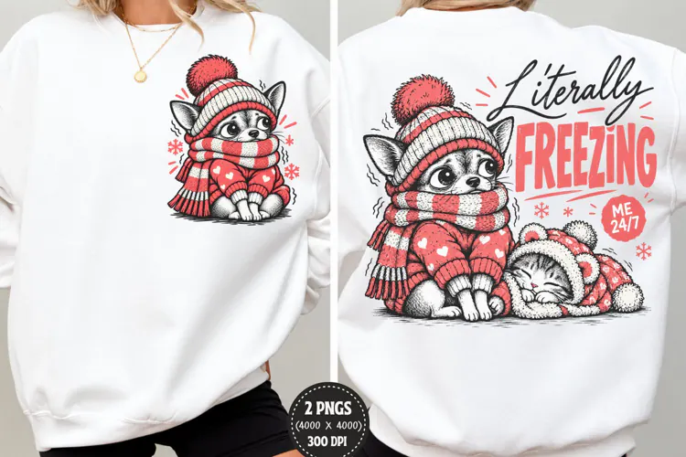 Front Back Freezing Cat Christmas PNG, Cozy Cat Front Back S