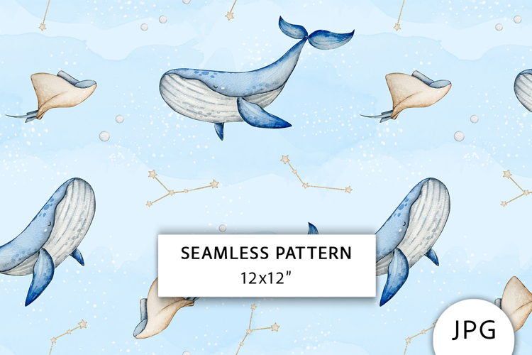 Watercolor Whale Dreams Seamless Pattern