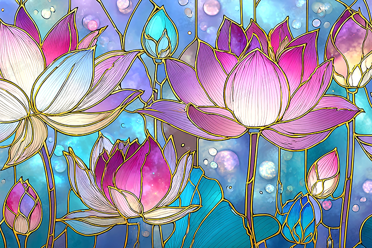 Stained Glass Lotus Flowers on Blue Galaxy Background