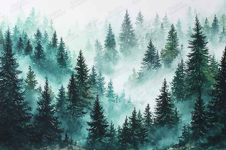 Watercolor Misty Pine Forest Landscape Winter Green Art