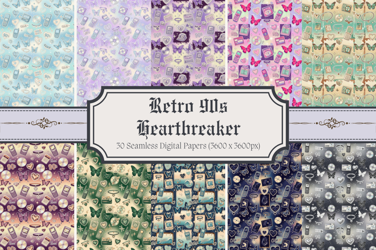 Retro 90s Heartbreaker Digital Paper,Y2K Seamless Pattern
