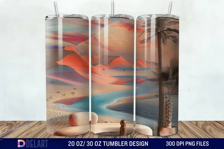 3D Tranquil Desert Oasis Stained Glass Tumbler Wrap