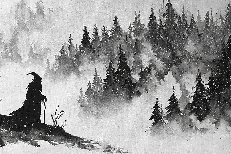 Watercolor Wizard Figure Misty Pine Forest Black White Art