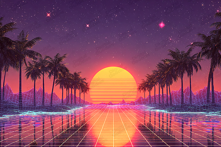 Retro Neon Sunset Vaporwave Landscape Background