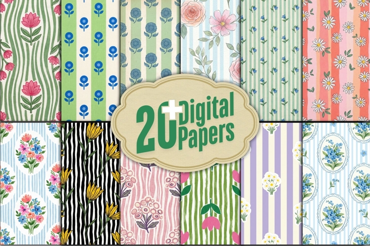 Vintage Striped Floral Digital Paper