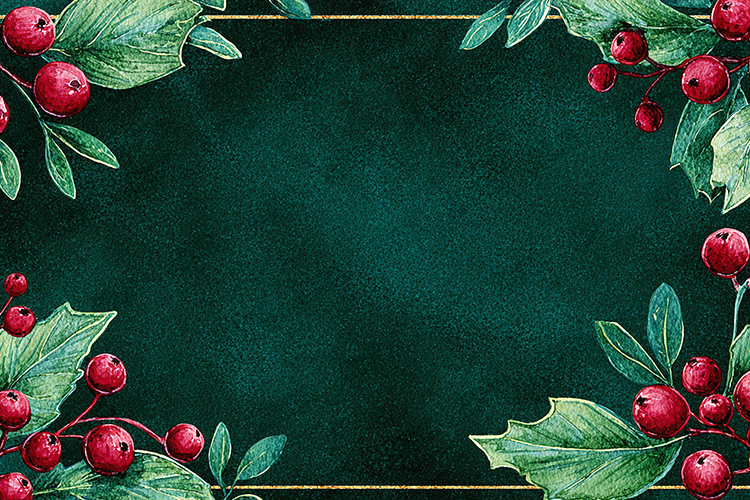 watercolor, holly border, red berries, christmas flowers, bl