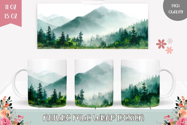 Watercolor Landscape Mug Wrap Design, Forest Mug Template