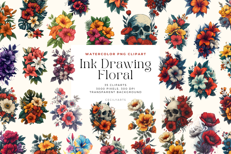 Watercolor Ink Drawing Floral Clipart Bundlle