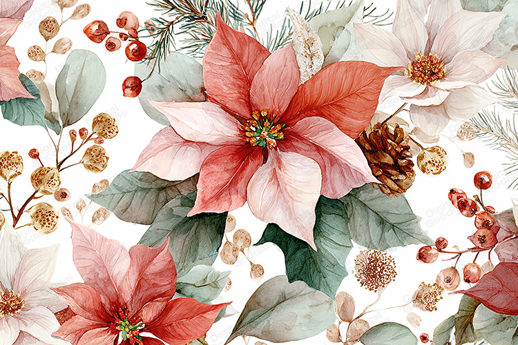 Watercolor Poinsettia Seamless Pattern Red Pink Floral Desig