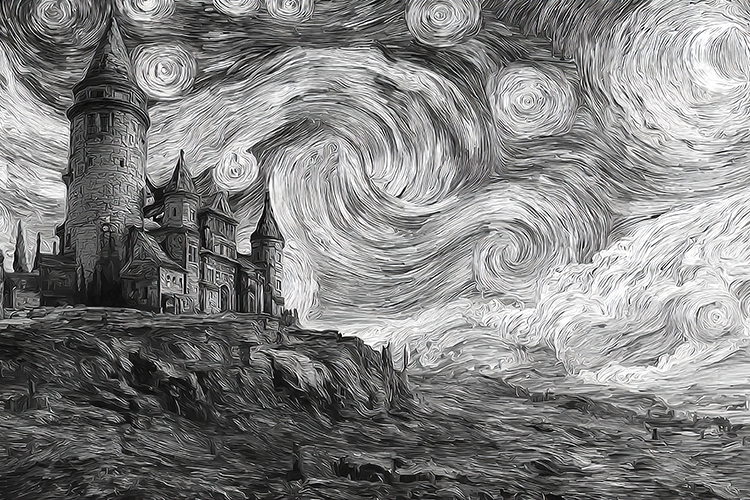 Black and White Fantasy Castle Swirling Sky Art