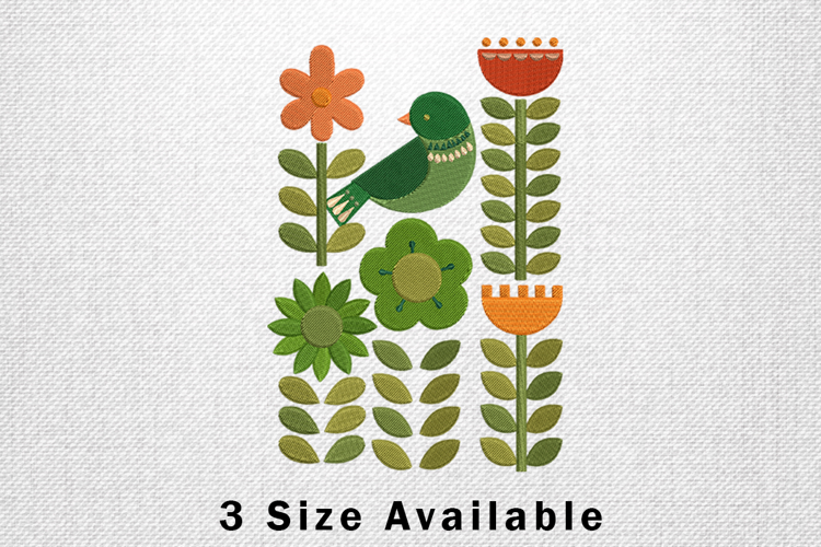 Folk Art Bird and Flowers Three Size Embroidery Design