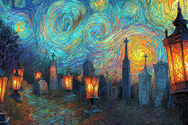 Colorful Swirling Sky Cemetery Lantern Art Background