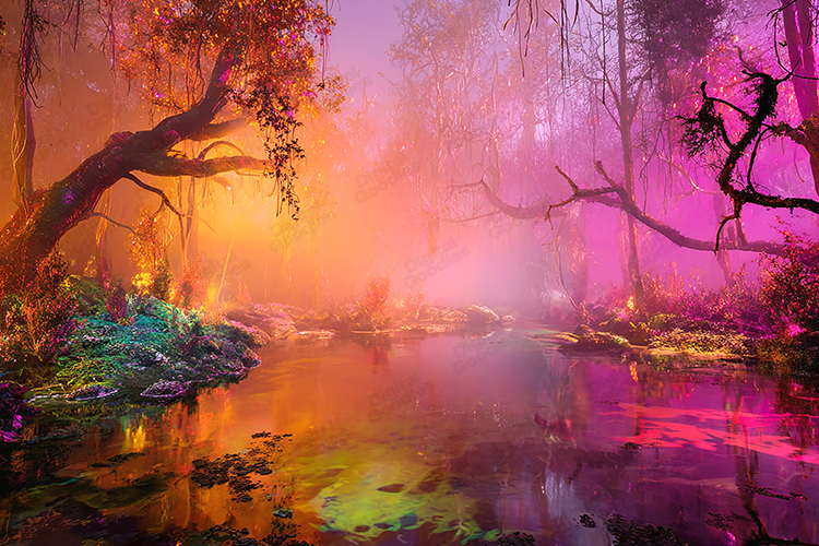 Enchanted Fantasy Forest with Glowing Colorful Light