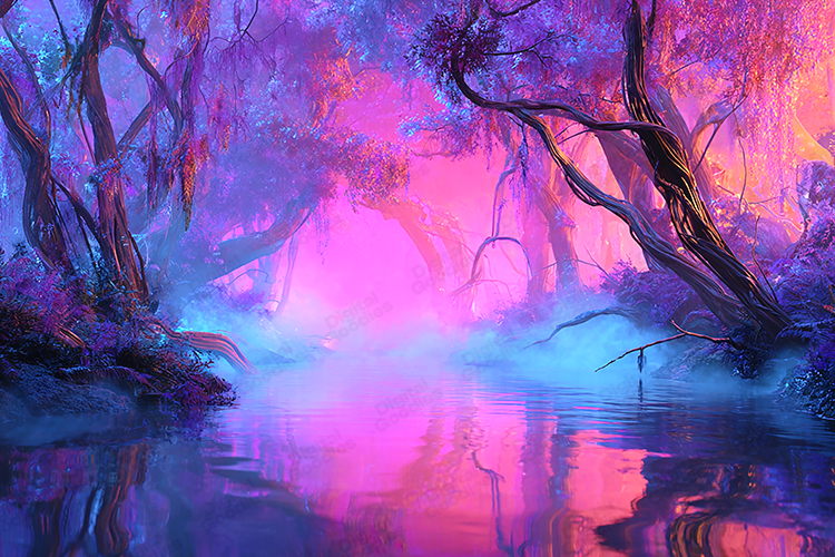 Dreamy Enchanted Forest River in Pink and Purple Light