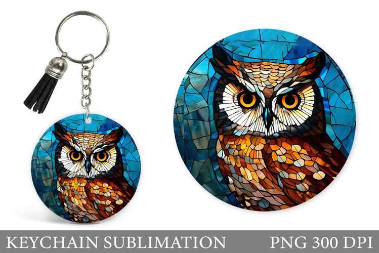 Stained Glass Owl Round Keychain. Owl Keychain Sublimation