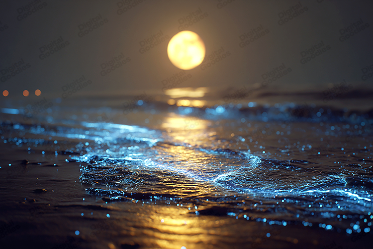 Bioluminescent Beach Waves Under Full Moon Light