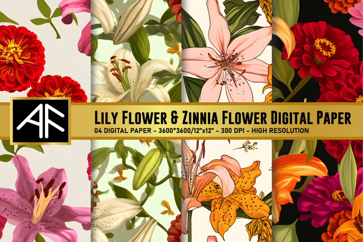 Lily   Zinnia Flower Digital Paper | Flower Pattern
