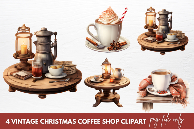 Vintage Christmas Coffee Shop Clipart Sublimation