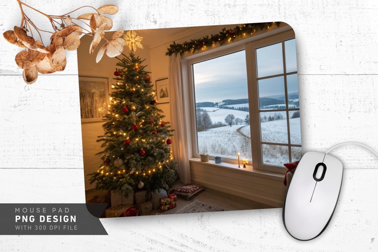 Festive Holiday Room with Snowy Views Mouse Pad PNG Design