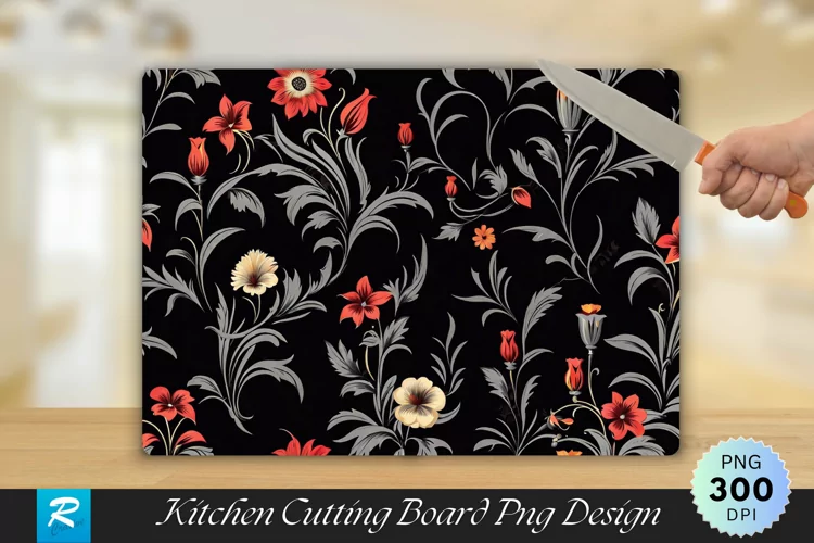 Flowers On Black Cutting Board Sublimation Design