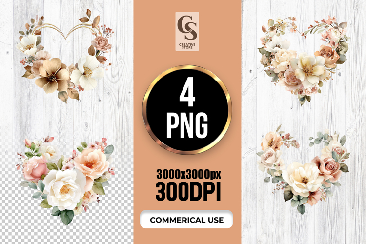 Floral Heart Wreath Watercolor Clipart Sublimation PNG