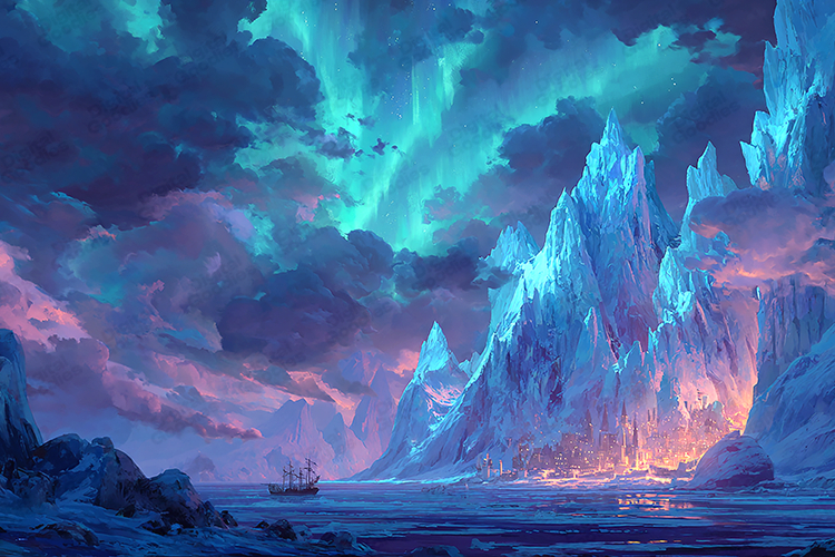 Fantasy Icy Mountains with Glowing Aurora Sky Art
