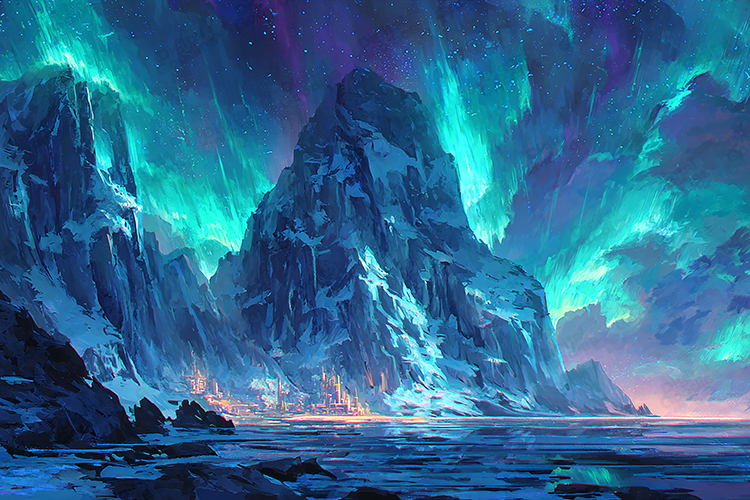Fantasy Northern Lights Over Majestic Icy Mountains