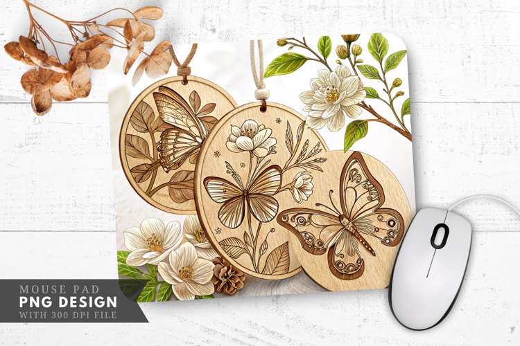 Hand Carved Wooden Butterfly and Floral Mouse Pad PNG Design example image 1