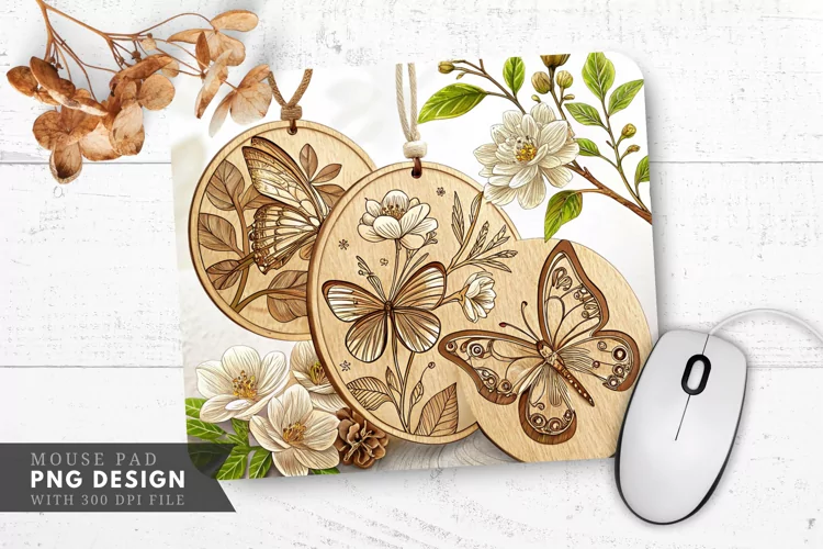 Hand Carved Wooden Butterfly and Floral Mouse Pad PNG Design