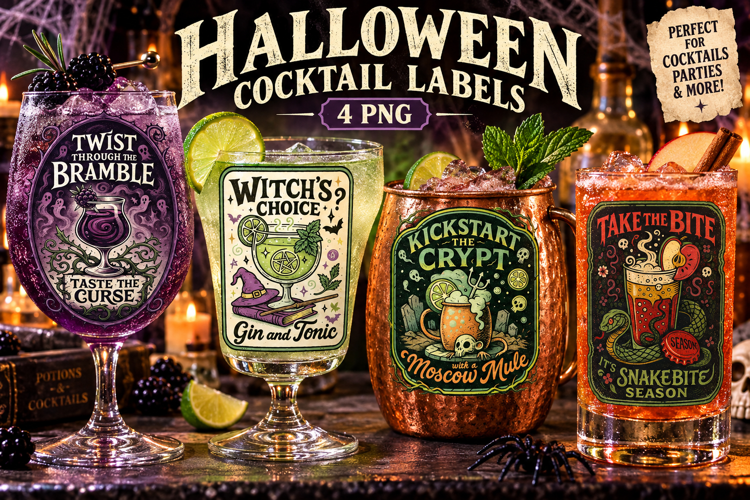 Halloween Cocktail Labels PNG, Witchy Spooky Drinks