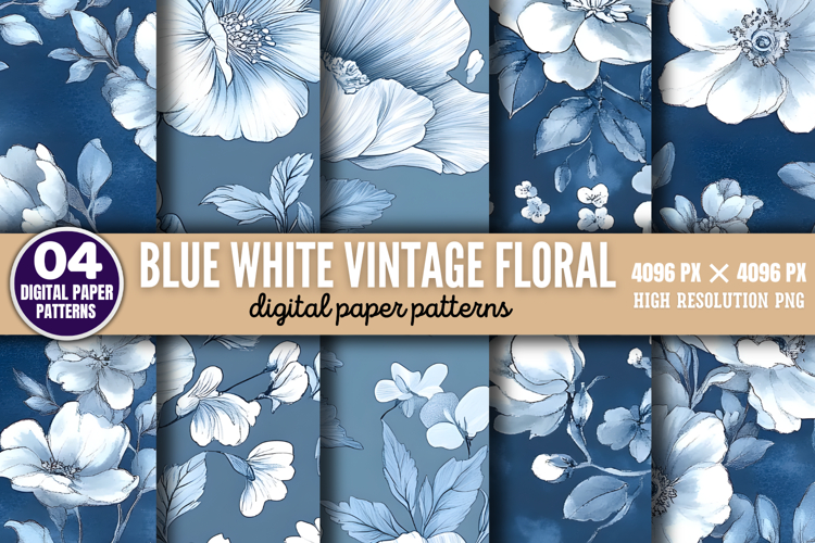 Blue White Vintage Floral Chinoiserie Digital Paper PNG
