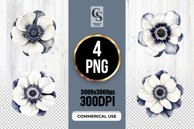 Blue White Floral Anemone Illustration Clipart PNG