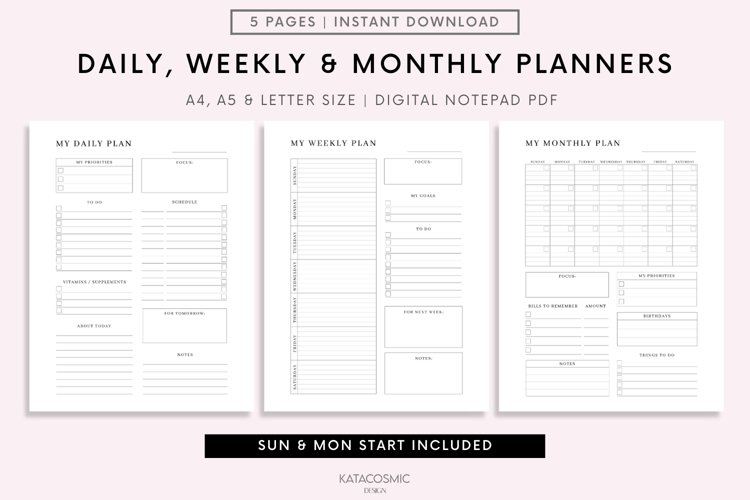 DAILY, WEEKLY AND MONTHLY PLANNER, BUNDLE PDF, AGENDA