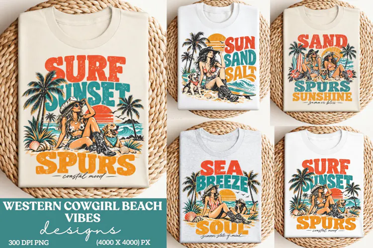 Western Cowgirl Beach Vibes PNG, Surf Sunset Cowgirl Coastal
