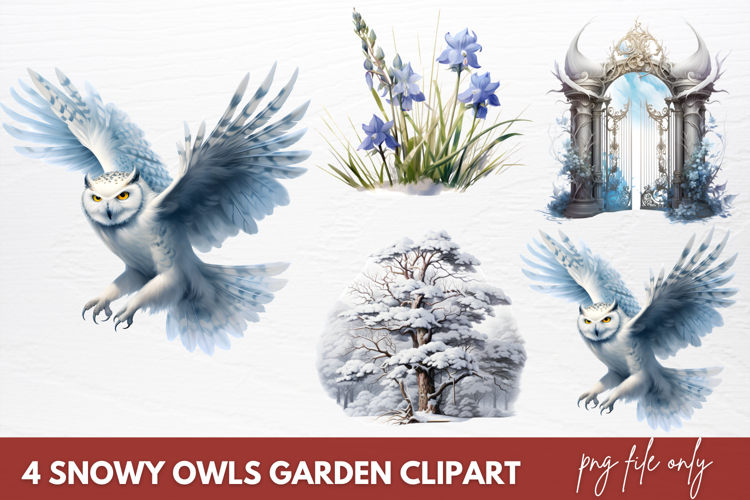 Christmas Snowy Owls Garden Clipart Sublimation