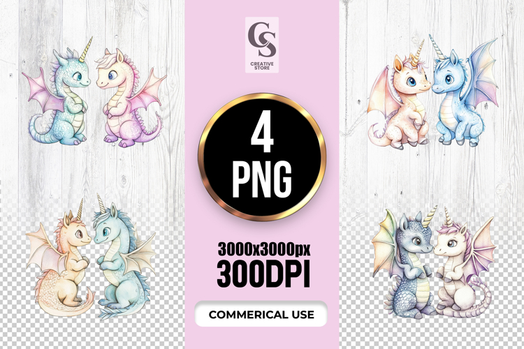 Pastel Unicorn Dragon Duo Clipart Sublimation PNG