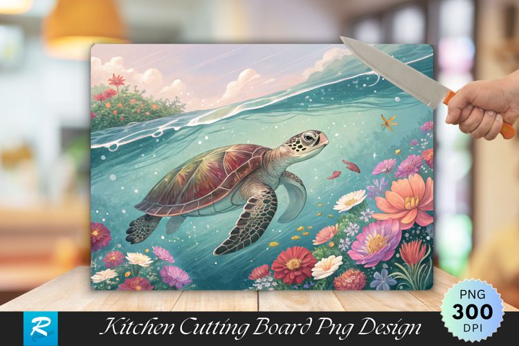 Sea Turtle in Sparkling Water with Flowers Cutting Board PNG