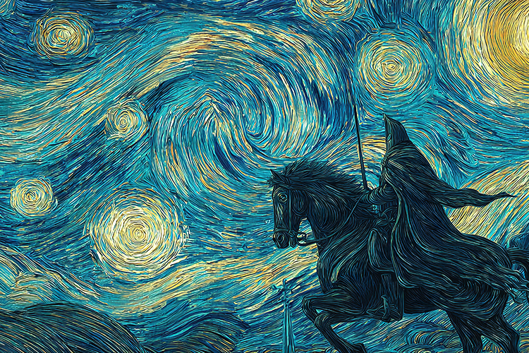 Knight on Horse Under Swirling Starry Night Art