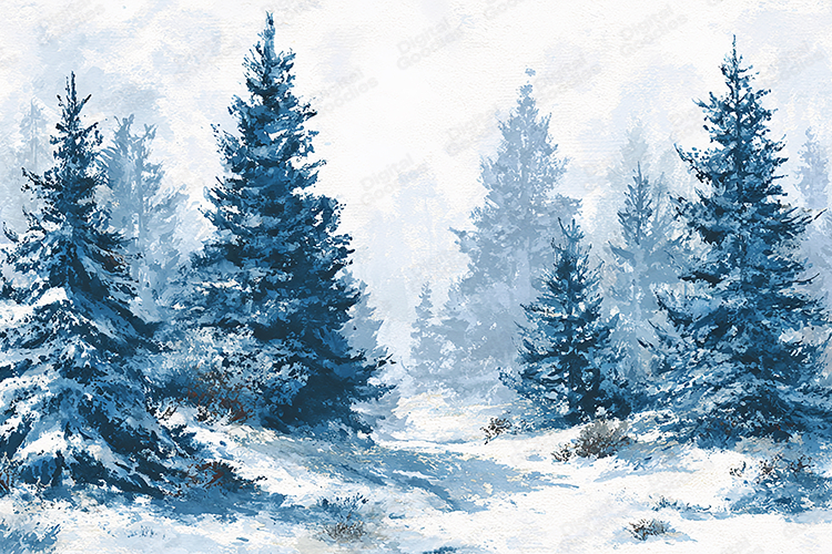 Oil Painting Snowy Pine Forest Blue Winter Landscape Art
