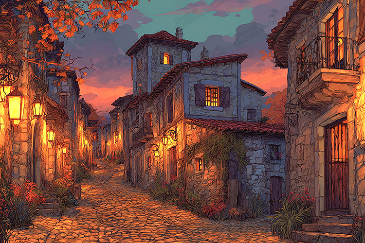 Warm Sunset Stone Village Street Illustration Art