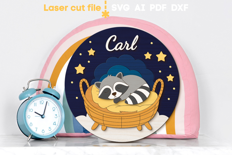 Raccoon Baby Name Sign SVG laser cut file for Glowforge