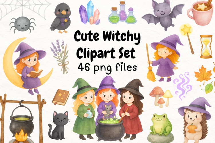 Watercolor Witch Clipart Set Cute Magical Witches, Animals