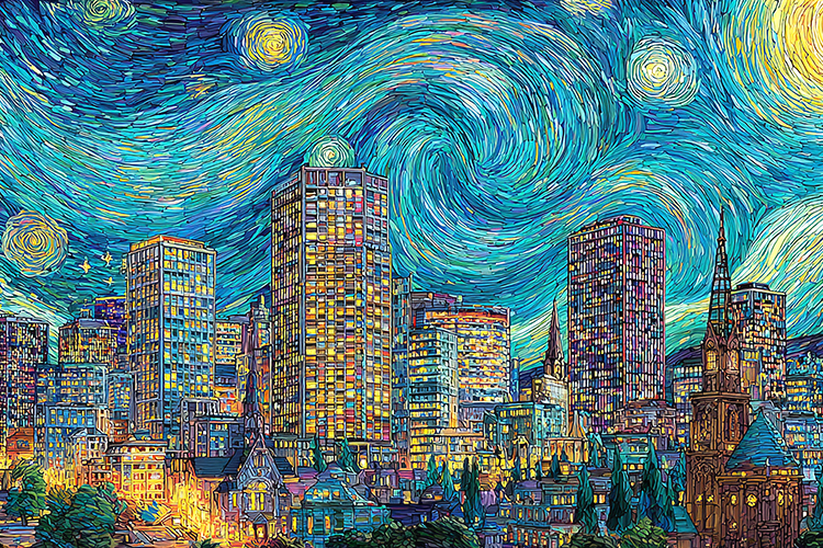 Starry Night Cityscape with Swirling Sky Artwork