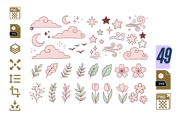 Pastel Celestial Floral Clipart PNG SVG, Clouds Moon Stars