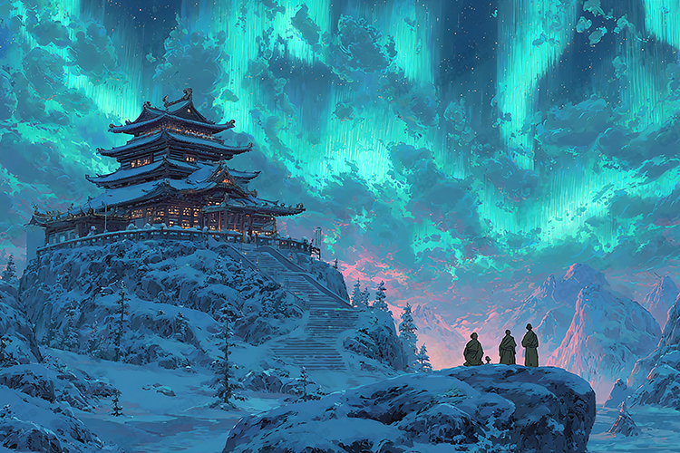 Snowy Mountain Temple Under Glowing Aurora Sky Art