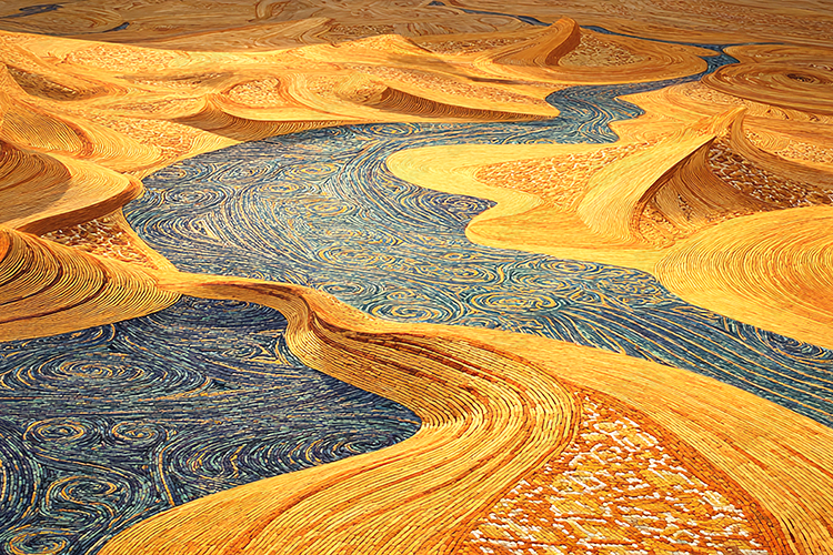 Golden Swirling Fields with Blue River Abstract Art