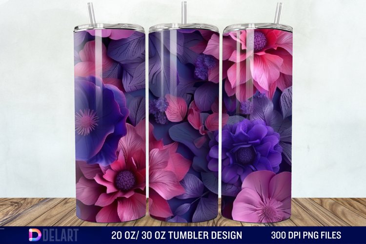 3D Fuchsia and Violet Flowers Tumbler Wrap