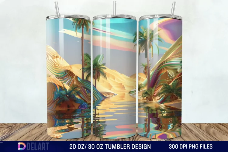 3D Tranquil Desert Oasis Stained Glass Tumbler Wrap