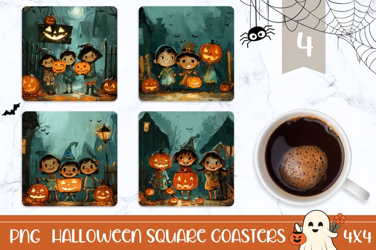 Kids Halloween Square Coasters, Cartoon Halloween Coasters